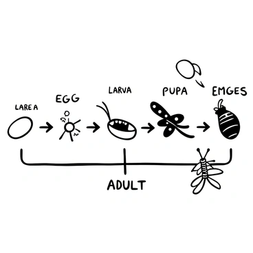 A black-and-white illustration depicting the lifecycle of a firefly. The diagram shows five distinct stages: "egg," represented as small oval shapes on the ground; "larva," illustrated as elongated, segmented forms with tiny legs; "pupa," shown as a rounded shape partially buried in the soil; "emerging adult," depicted as a firefly breaking free from the pupa; and "adult," illustrated as a detailed firefly in flight. Arrows connect each stage to indicate progression through the lifecycle. Each stage is labeled with clear, bold text.