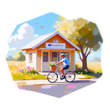 A quaint rural post office with a charming wooden exterior and a small sign that reads "Post Office" hangs above the door. In front of the building, a mailman with a light blue uniform is riding a classic bicycle, carefully balancing a woven basket filled with letters and packages. The scene is set in a picturesque countryside with green fields and a few trees dotting the landscape. Small flowers bloom along the pathway leading to the post office, and a few birds can be seen fluttering in the clear blue sky. The sun casts a warm light, enhancing the inviting atmosphere of the quaint post office.