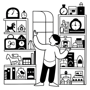 An elf with pointy ears wearing a simple tunic is carefully organizing a variety of toys on wooden shelves in an antique shop. The shop is filled with numerous trinkets, including vintage clocks, porcelain figurines, and old-fashioned books stacked in haphazard piles. Soft light filters through a dusty window, casting delicate shadows across the room. The elf is placing a wooden horse onto a shelf, while a colorful carousel sits nearby. Various toys from different eras are scattered throughout the shop, creating a whimsical atmosphere.