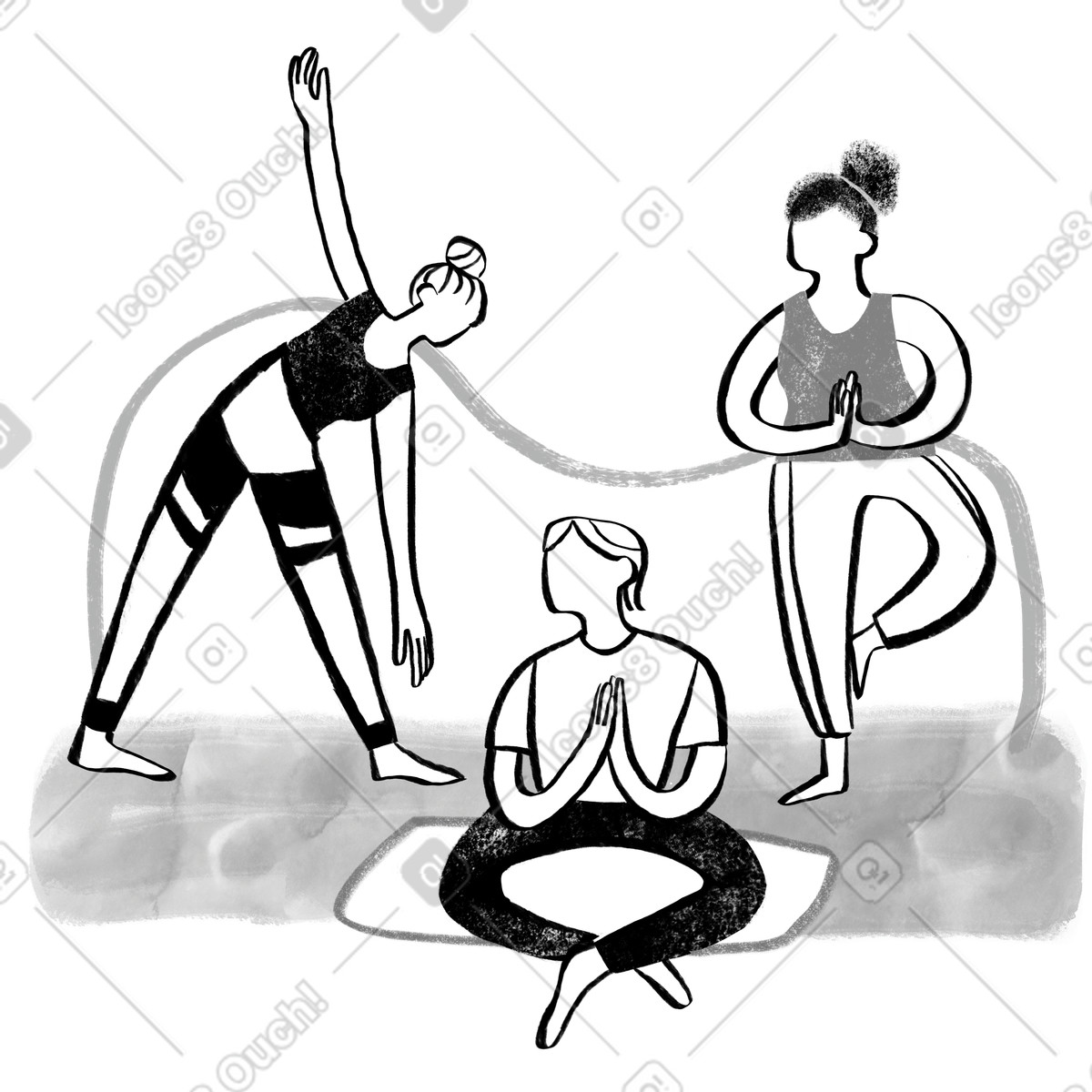 Illustration Black and white three people doing yoga dans le style Company à télécharger aux formats PNG, SVG