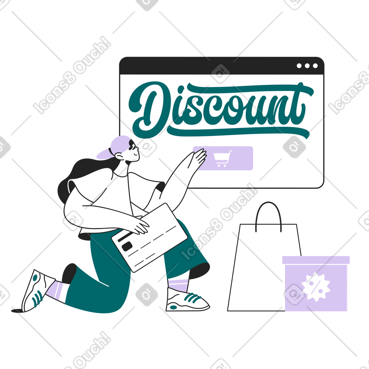 Scritte sconto nel browser e donna shopping online illustrazione in stile Sammy Line scarica in PNG, SVG