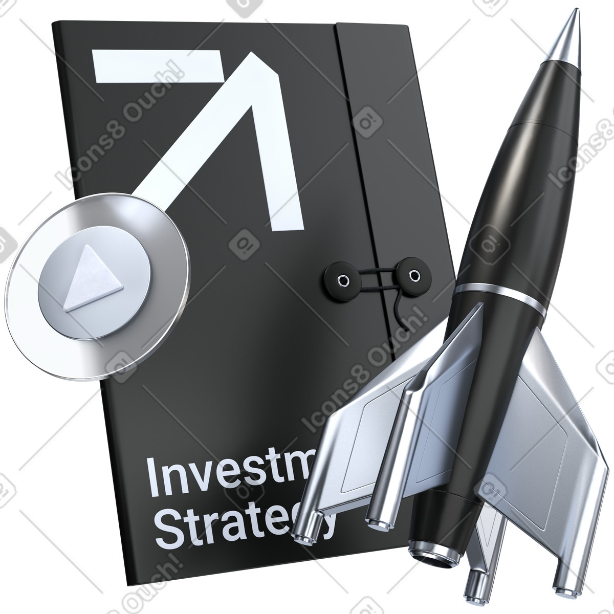 Ilustración Investment strategy folder with rocket pen for business growth en estilo 3D Pro a descargar en PNG y SVG
