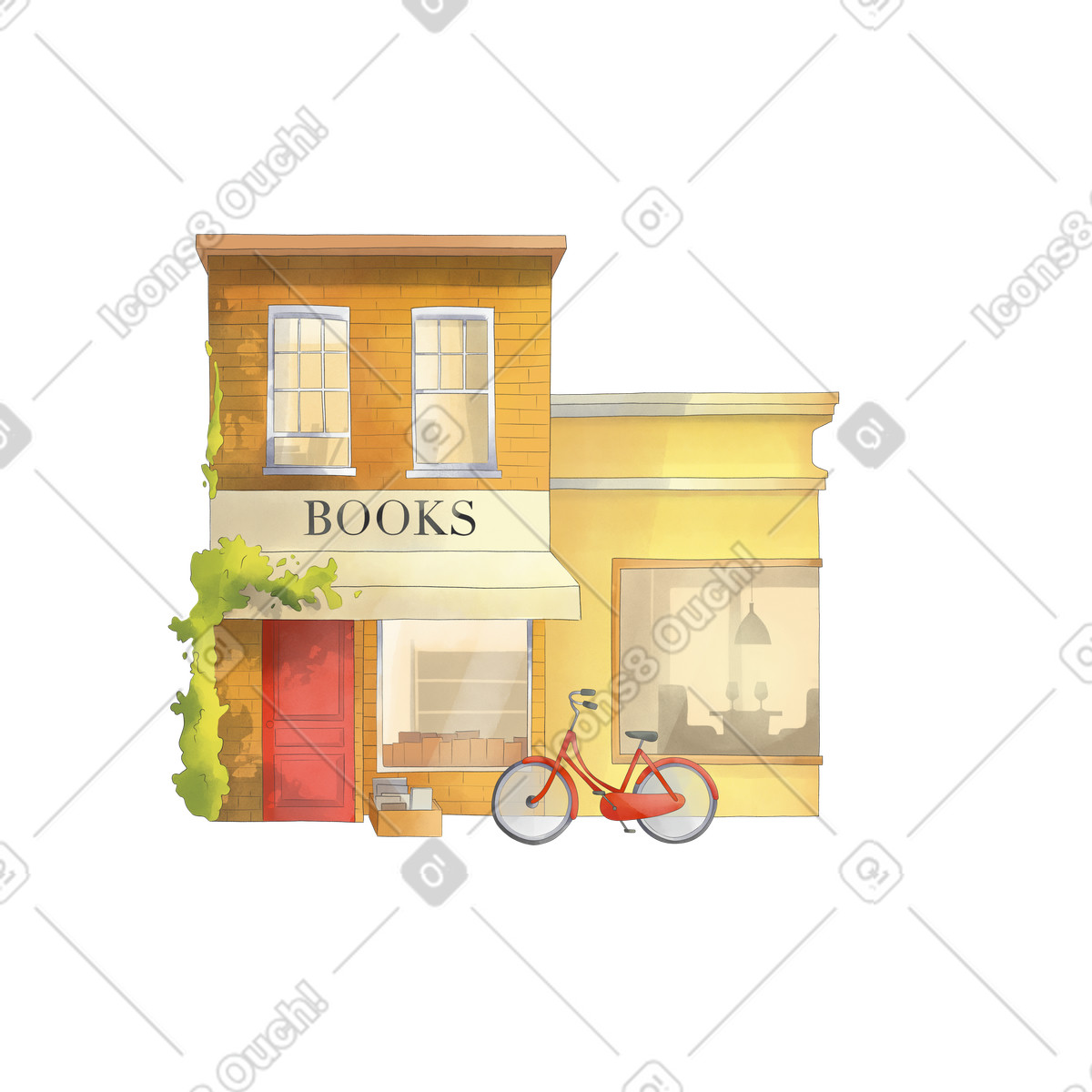 Illustration Bookstore building and bicycle dans le style Seasons à télécharger aux formats PNG, SVG