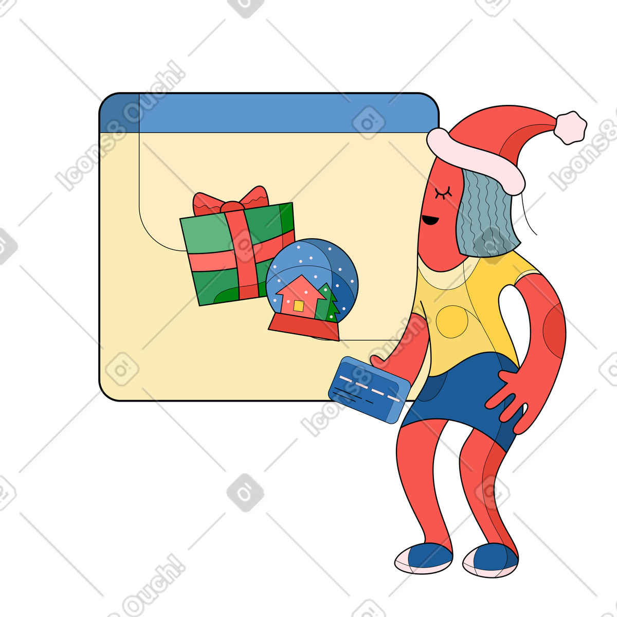 Surr スタイルの クリスマス帽子をかぶってカードを持ち、オンラインで買い物をする女性 のイラストをPNG、SVG形式でダウンロード