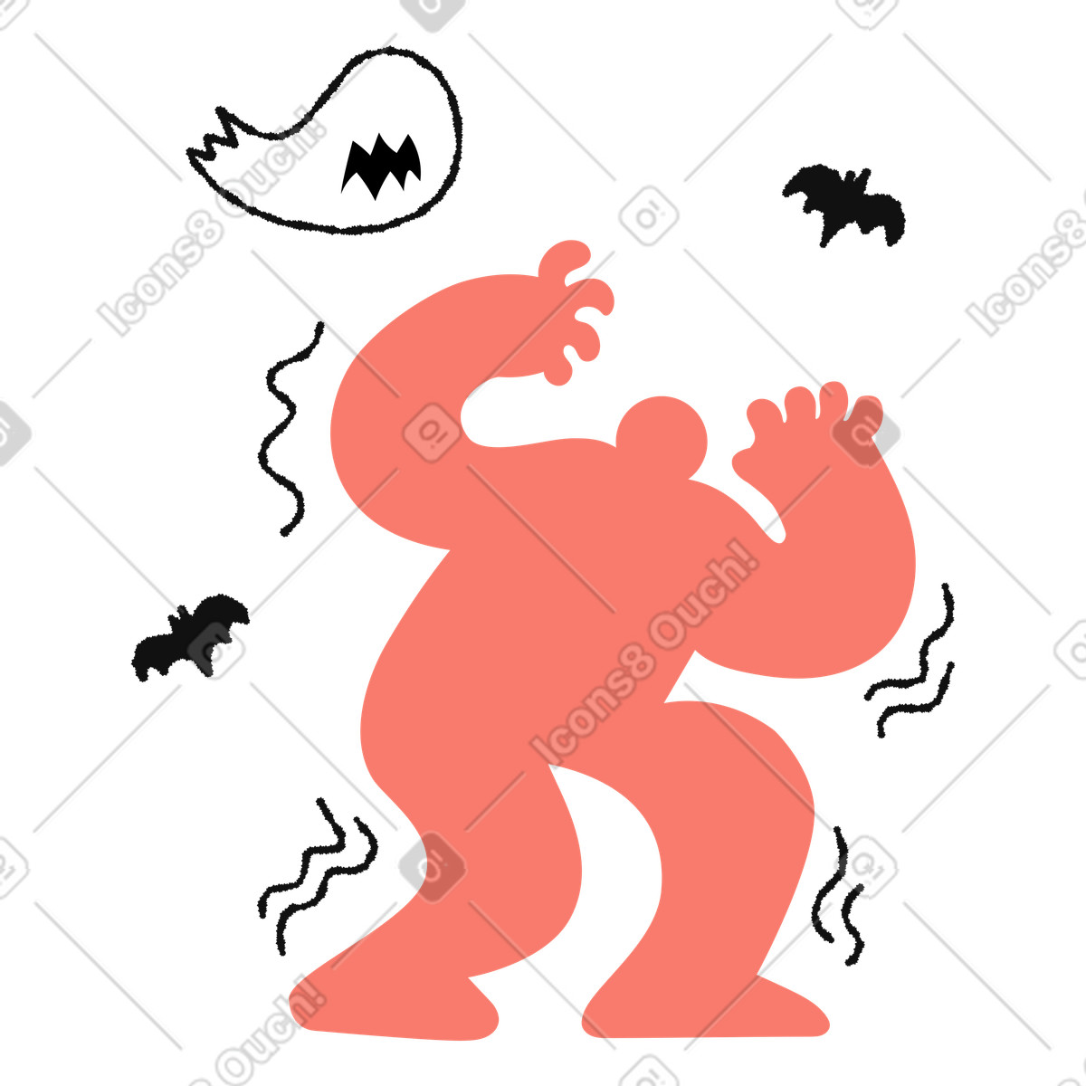 Bold People スタイルの Halloween fear character startled by ghost and bats around のイラストをPNG、SVG形式でダウンロード