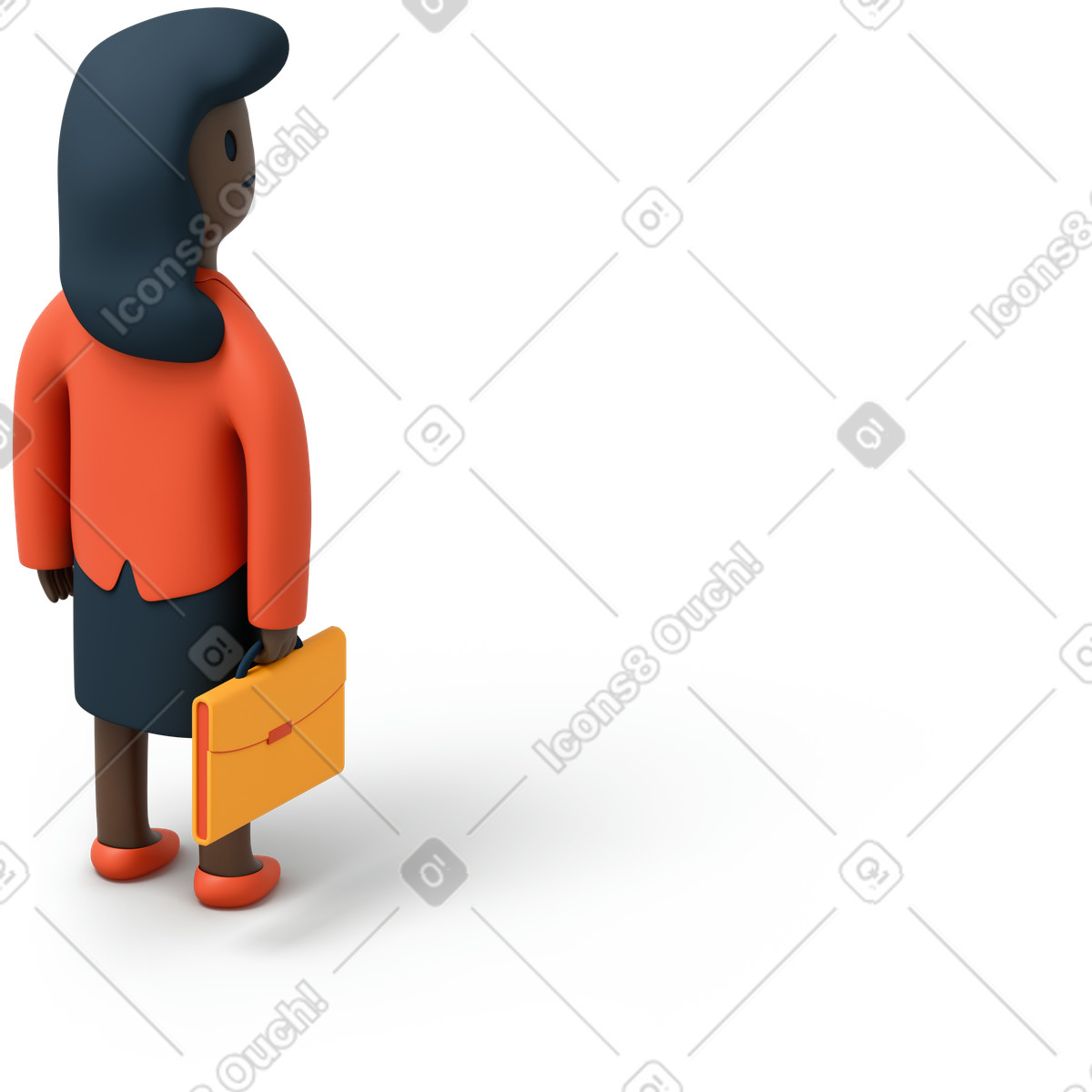 Three quarter back view of a black business woman with briefcase illustration in 3D Flame style download in PNG, SVG