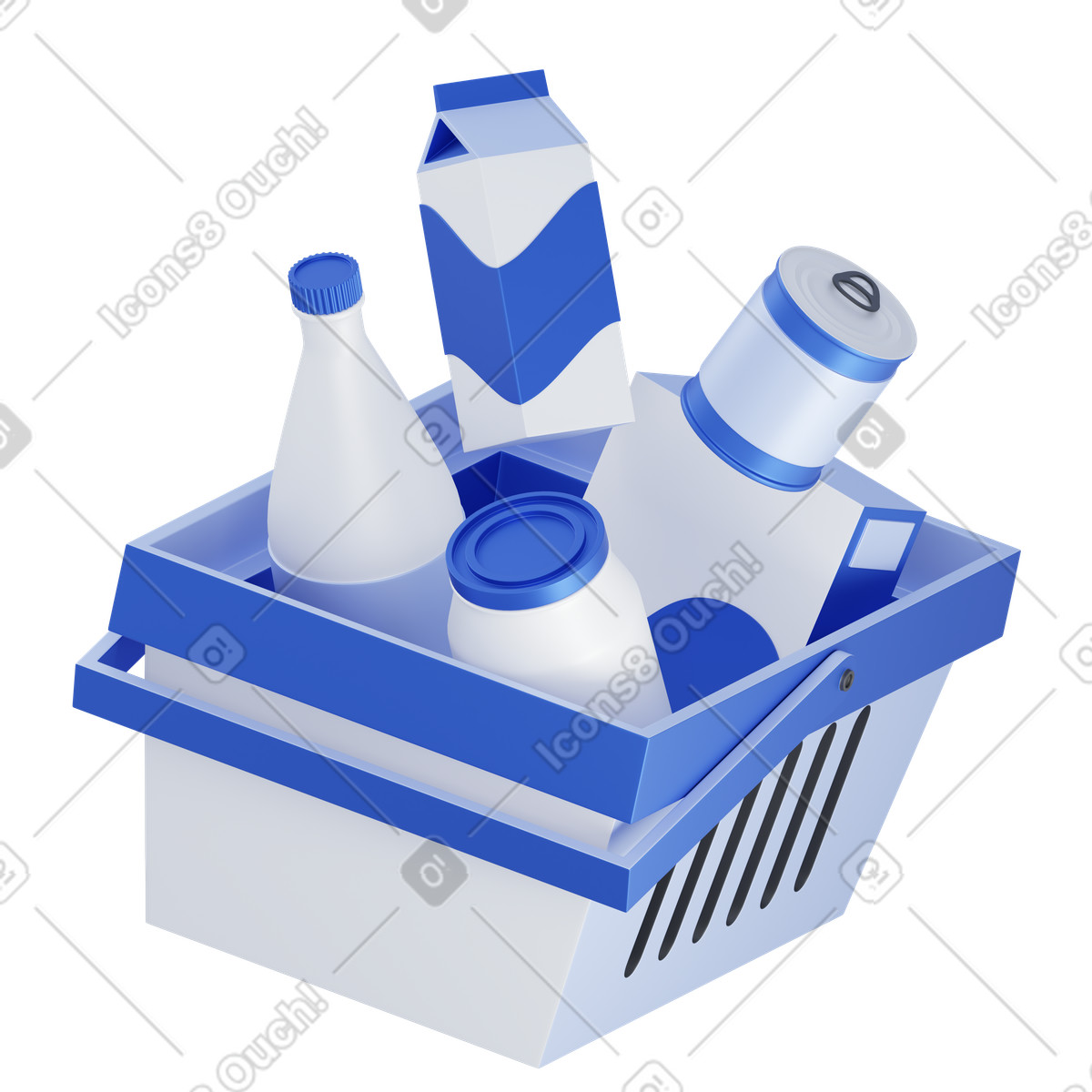 Ilustración animada Basket filled with dairy and packaged goods, Supermarket shopping Food retail en estilo 3D Techny a descargar en GIF, Lottie (JSON), AE