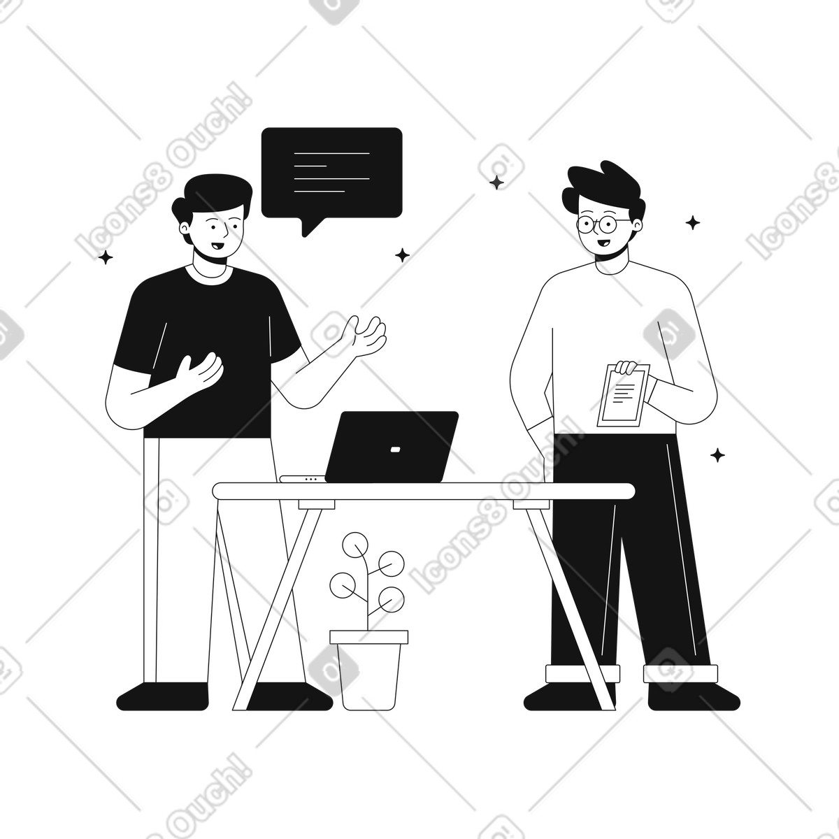 Men discuss teamwork illustration in Teams style download in PNG, SVG