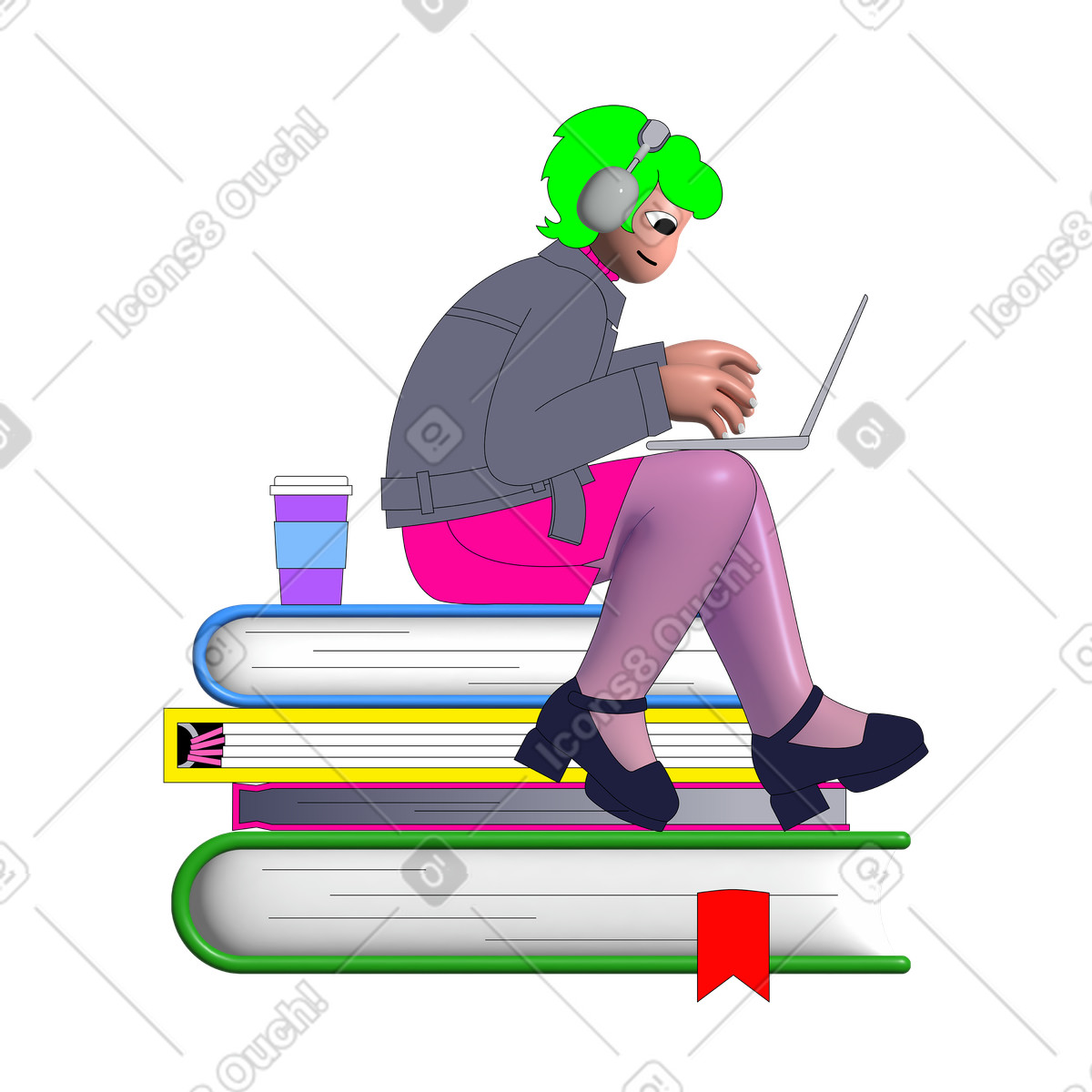 Woman studying online illustration on a stack of books clipart in PNG SVG