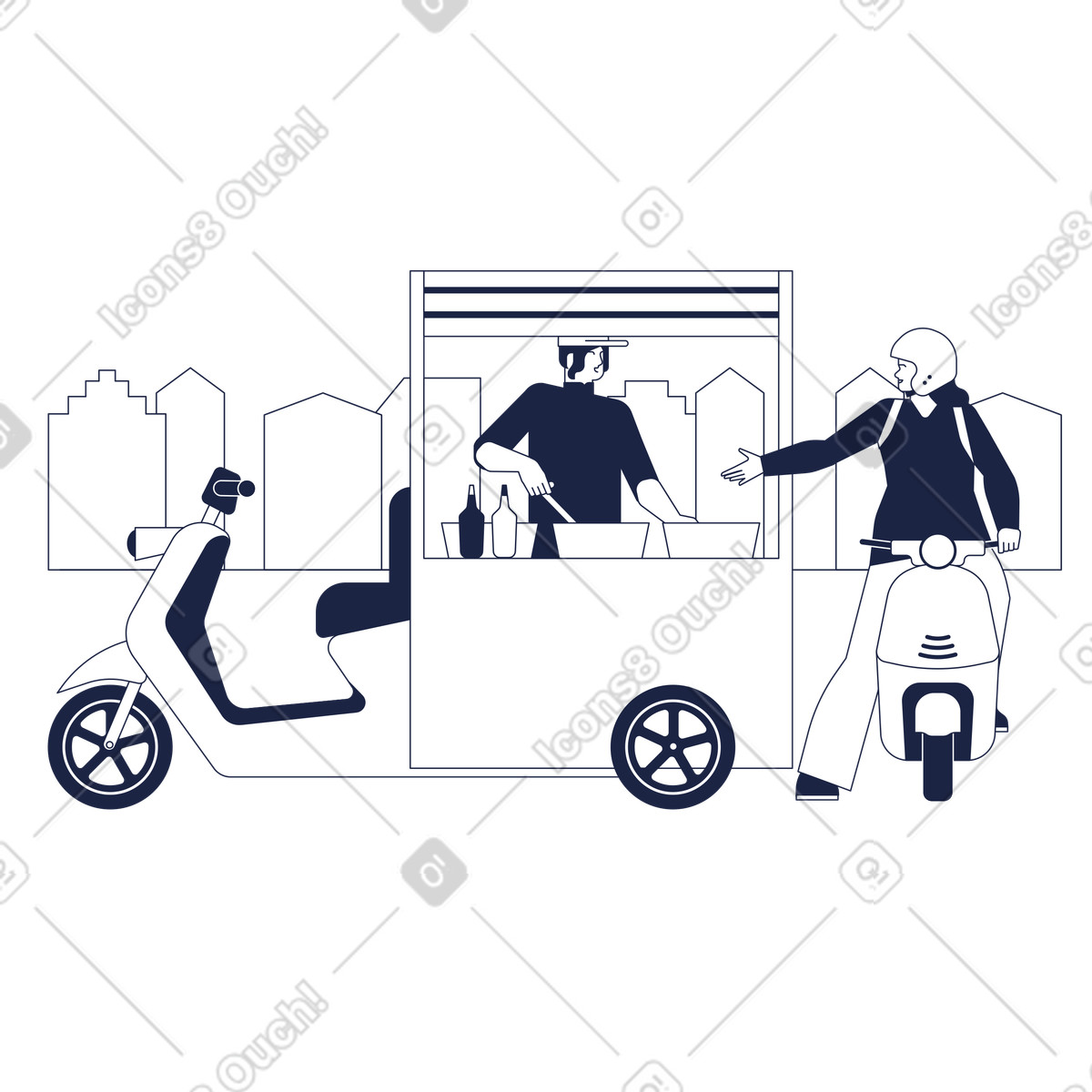 Ilustración Mujer con casco y scooter compra comida en un quiosco móvil de rápida la calle estilo Urban Line a descargar PNG SVG