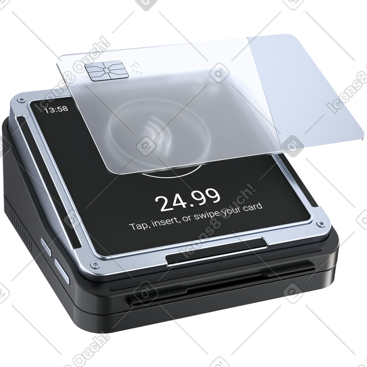 下载 3D Pro 风格的 Payment terminal showing contactless smart card tap for secure transaction 插画，支持 PNG、SVG 格式