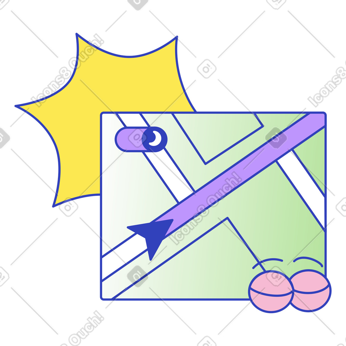 Ilustración Map navigation arrow with night mode toggle and sun icon en estilo Eyeful a descargar en PNG y SVG