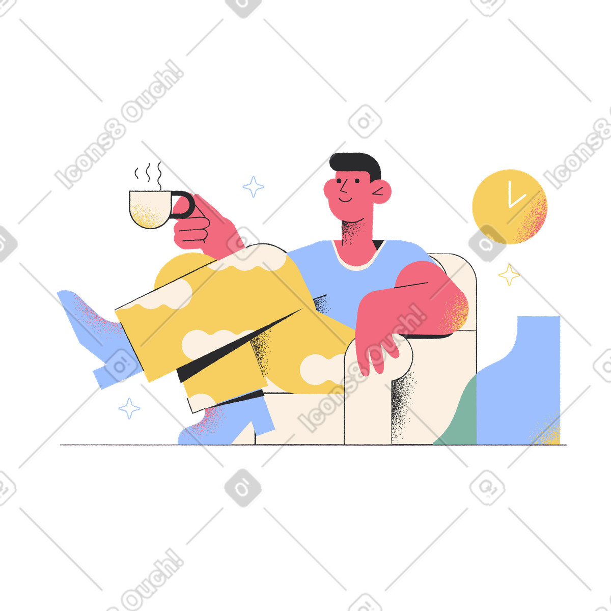Relaxing on sofa with coffee mug, break or stress relief concept illustration in Pablo style download in PNG, SVG