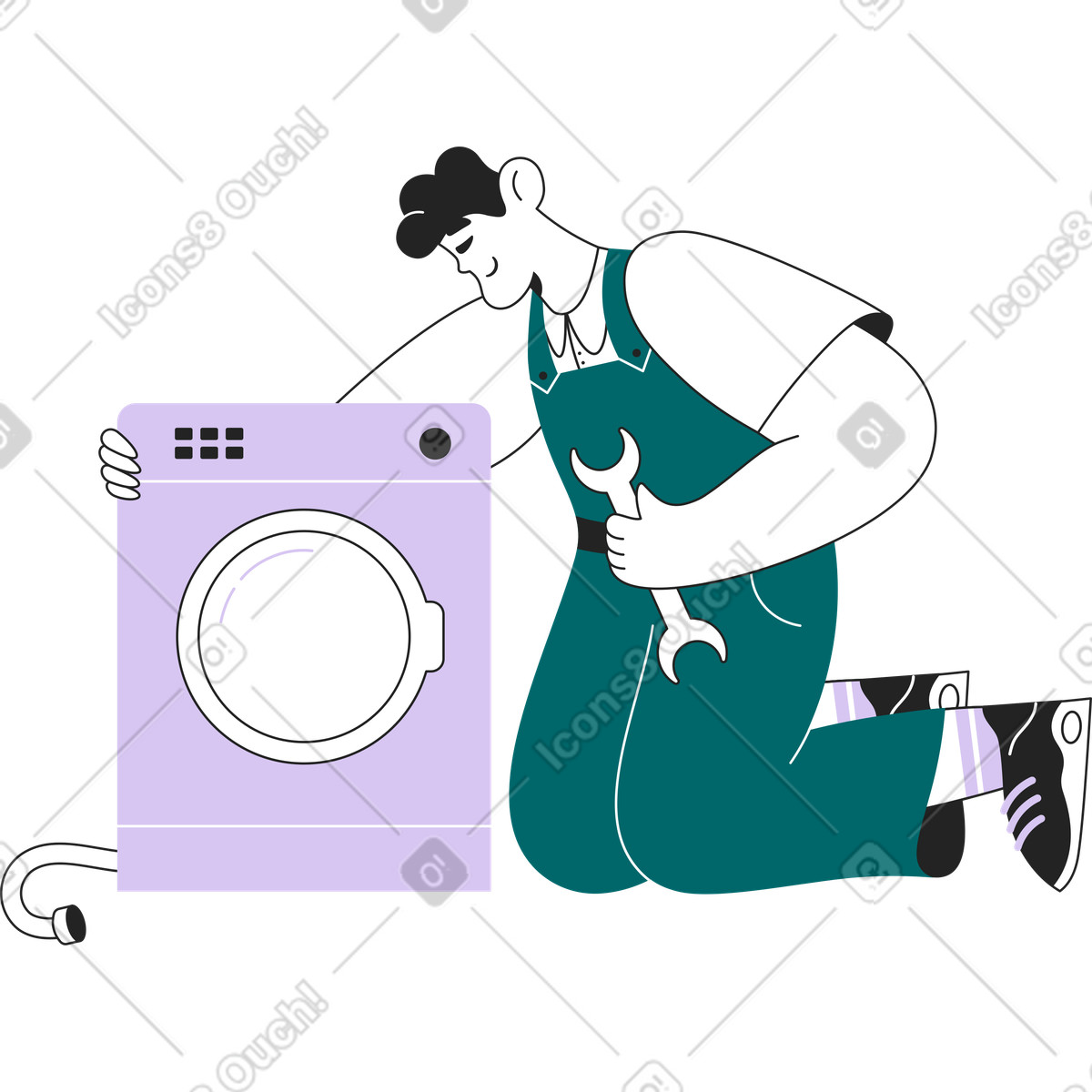Illustration Homme réparant une machine à laver dans le style Sammy Line télécharger aux formats PNG, SVG