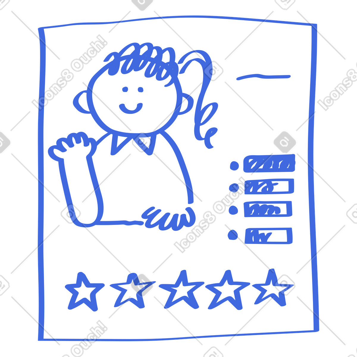 Иллюстрация Resume profile sheet with smiling character and rating stars в стиле Ballpoint Pen — скачать в форматах PNG, SVG