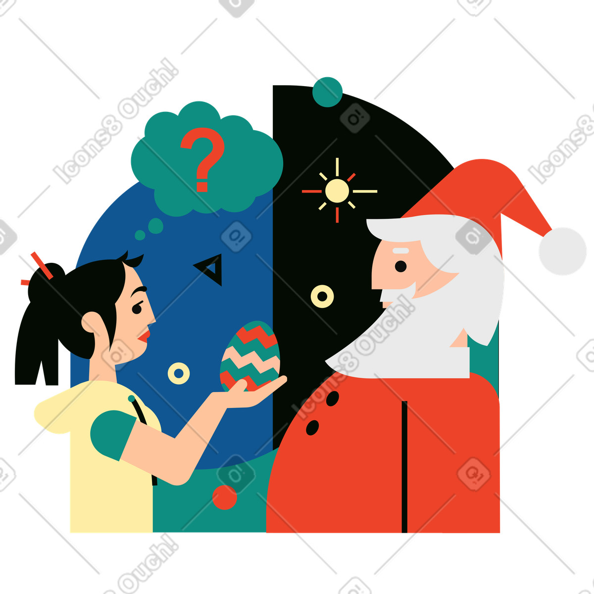 Donna che chiede a babbo natale del presente dell'uovo di pasqua illustrazione in stile Polar scarica in PNG, SVG