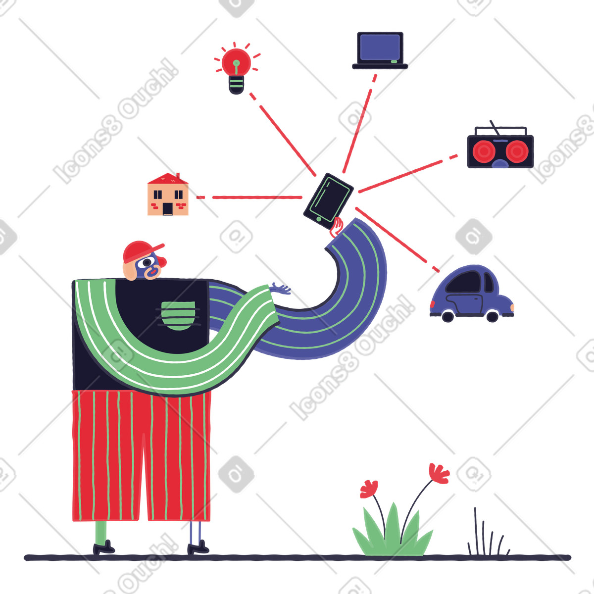 Ilustración Hombre usando una aplicación para controlar dispositivos iot en estilo Stripy a descargar en PNG y SVG