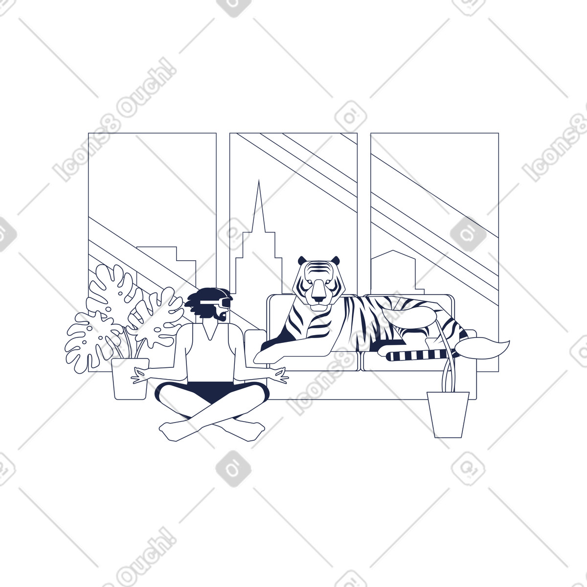下载 Urban Line 风格的 Meditation with VR headset in city apartment, Immersive technology for stress relief 插画，支持 PNG、SVG 格式