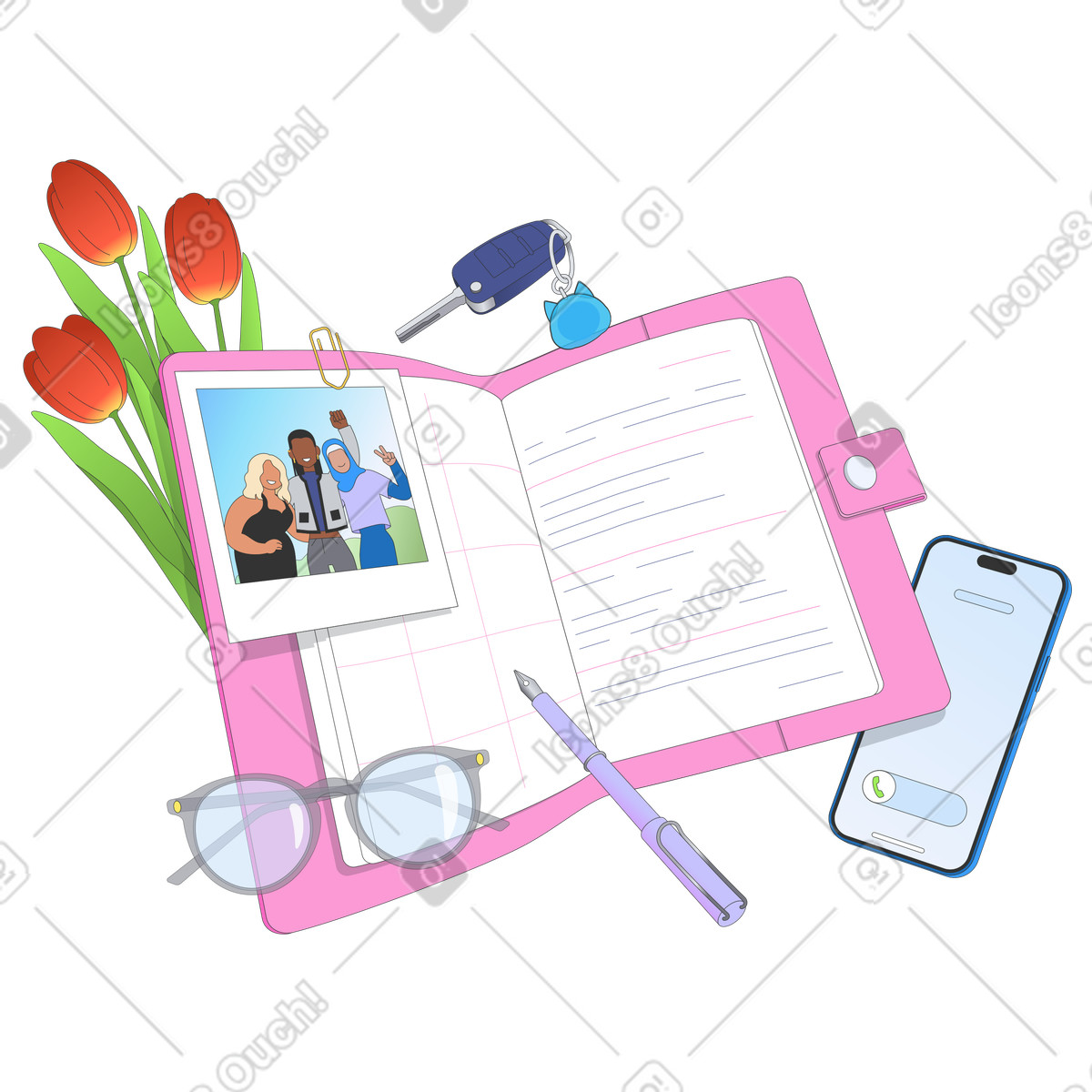 Ilustración Lo esencial de la empresaria, escribiendo en una agenda estilo Kit a descargar PNG y SVG