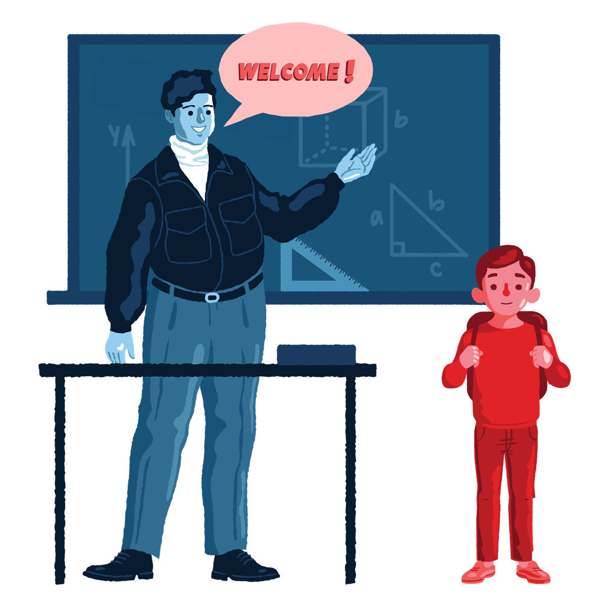Illustration L'enseignant accueille un nouvel élève dans sa classe le style Cherry à télécharger aux formats PNG, SVG