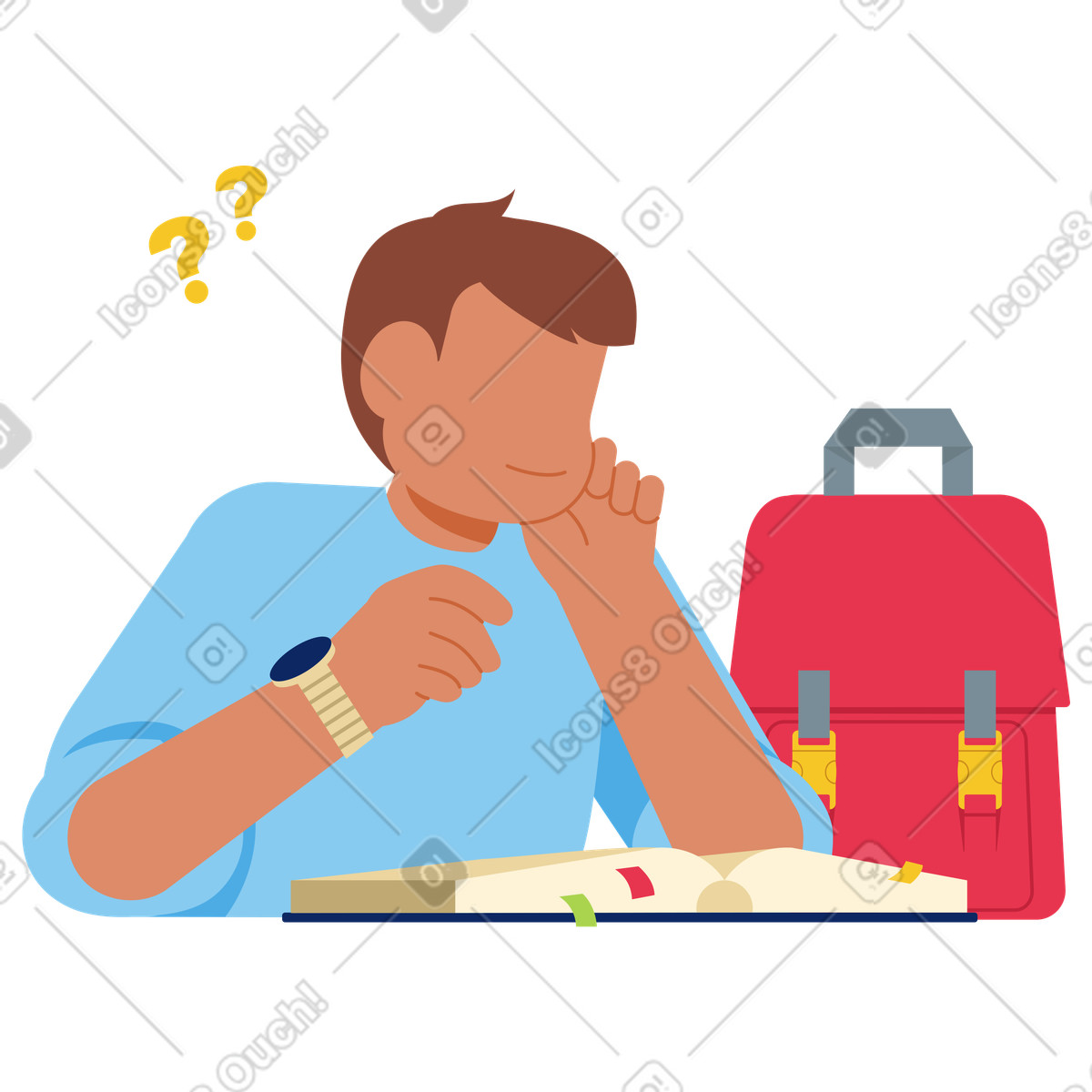 Young man contemplating book content illustration educational clipart in PNG SVG GIF
