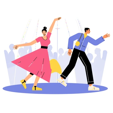 Two dancers performing on a stage, one wearing a vibrant red dress and the other in a bright blue outfit. Their bodies are positioned in dynamic poses, showcasing their movements at various angles. The stage is illuminated with colorful lights, creating a lively atmosphere. The dancers' limbs are extended, with arms reaching upwards and legs in mid-motion, conveying the energy of their performance. The background features abstract shapes and patterns that suggest a lively audience enjoying the show.