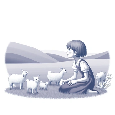 A young girl with short hair sits peacefully in a grassy field, gazing dreamily into the distance. She wears a simple, historically inspired dress, and a determined expression graces her face. Around her, various farm animals include a playful goat, a curious chicken, and a few gentle sheep, creating a lively atmosphere. In the background, rolling hills stretch towards the horizon, dotted with wildflowers. The scene captures the essence of aspiration and innocence, highlighting the contrast between the girl’s dreams and her rural surroundings.