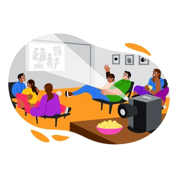 A film projector sitting on a wooden table, displaying moving black and white images on a white wall. The projector emits a bright beam of light that creates a soft glow in the dimly lit room. In the background, several people are gathered, sitting on colorful cushions and leaning back in chairs, all absorbed by the images. The walls are decorated with framed family photos, and a bowl of popcorn rests on the table beside the projector. Warm, inviting colors fill the scene, enhancing the nostalgic atmosphere.