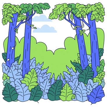 A dense jungle filled with various shades of green foliage. Towering trees stretch high towards the sky, their thick trunks covered in textured bark. Ferns grow abundantly on the forest floor, their delicate fronds unfurling gracefully. Vines hang down from the branches, twisting and curling as they reach for sunlight filtering through the canopy above.