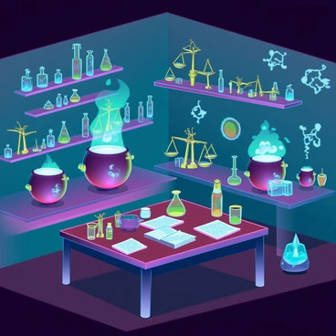 A dimly lit alchemist's lab filled with various bubbling cauldrons of different sizes. One cauldron is emitting a green vapor, while another is radiating a bright blue light. There are shelves lined with an assortment of glass vials, each containing colorful liquids and herbs. Strange devices made of brass and glass are scattered throughout the room, including a complex orrery and an intricate set of scales. A large wooden table in the center is cluttered with alchemical manuscripts, a mortar and pestle, and mysterious glowing crystals. The walls are adorned with faded maps and arcane symbols.