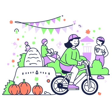 A child is riding a balance bike at an autumn fair. The child has a joyful expression, wearing a sweater and a cap. Surrounding the child are several hay bales stacked to one side, with a few scattered leaves on top. In front of the child, there are vibrant pumpkins of various sizes arranged on the ground. A colorful banner hangs overhead, fluttering gently in the breeze. Nearby, a few people can be seen enjoying the festivities, adding to the lively atmosphere.