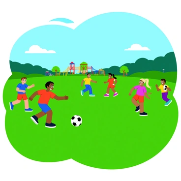 A grassy field filled with bright green grass stretches out under a clear blue sky. In the center, a group of children is engaged in a friendly soccer match. There are four boys and two girls, all wearing colorful jerseys in various shades of red, blue, and yellow. One boy is dribbling a black and white soccer ball, while another girl stands ready to defend. Laughter and excitement are evident on their faces. In the background, a colorful playground can be seen, and a few trees provide shade along the edge of the field.