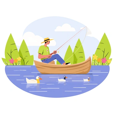 A fisherman sitting on a small wooden boat, watching his fishing line with focused intent. The scene features a calm lake with rippling water reflecting the blue sky and fluffy white clouds. Surrounding the lake are lush green trees and vibrant wildflowers along the shore. The fisherman is wearing a straw hat and casual fishing gear, holding a fishing rod with a bobber. A few ducks can be seen swimming nearby, adding to the serene atmosphere of the setting.