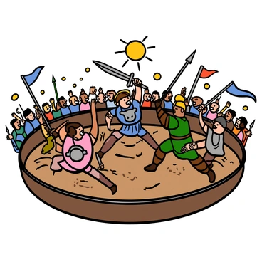 A group of warriors with diverse appearances is engaged in battle within a circular arena. The warriors are wearing various types of armor, some with metal plates and others with leather gear. They are wielding different weapons, including swords, shields, and spears, showcasing their combat skills. The arena is surrounded by spectators in the background, cheering and reacting to the intense action. Dust and dirt are being kicked up as the warriors clash. The sun is shining brightly overhead, casting dynamic shadows on the ground.