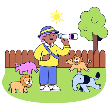 A child wearing a colorful explorer hat is standing in a grassy backyard. The child is holding a toy telescope up to their eye, looking toward the sky with an expression of curiosity. Around them are various toy safari animals scattered on the ground, including a plastic lion and an elephant. In the background, there is a wooden fence and a few trees with green leaves. The sun is shining brightly, casting soft shadows on the ground.