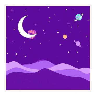 A purple night sky is filled with shimmering white stars scattered across the vast expanse. A large crescent moon glows brightly, casting a serene light over the scene. Several colorful planets are visible, each with distinct features; one is vibrant orange with swirling patterns, while another is a deep teal adorned with rings. Below this celestial landscape, a silhouette of rolling hills can be seen, creating a tranquil environment under the cosmic spectacle.