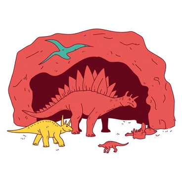 A red cave wall features a large spinosaurus with distinct sail-like structures on its back. The spinosaurus is positioned in the center of the painting, surrounded by various other ancient creatures, including a yellow triceratops in the bottom left corner and a teal pterodactyl soaring high above. There are faint markings that suggest the presence of smaller, orange dinosaurs scattered throughout the scene. The depiction is stylized, emphasizing the dynamic poses of the creatures as they inhabit the prehistoric landscape.