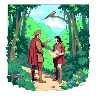 Two conquistadors in traditional 16th-century armor are standing on a narrow path surrounded by dense green foliage in a vibrant rainforest. One conquistador is pointing towards an exotic bird with brilliant feathers perched on a branch above, while the other is holding a map and looking intently at it. The rainforest is filled with towering trees entwined with vines, and colorful flowers are scattered throughout the underbrush. Sunlight filters through the canopy, casting dappled shadows on the ground, creating a vivid contrast among the rich greenery.