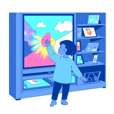 A blue child is standing in front of a large colorful digital display in a technology store. The display shows vibrant images and animations, captivating the child's attention. The child reaches out, using their hand to touch the screen, activating a burst of colors from the display. Surrounding the child are various tech gadgets like tablets and headphones neatly arranged on shelves, adding to the lively atmosphere of the store.