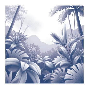 A vibrant jungle scene filled with various tropical plants and colorful exotic flowers.