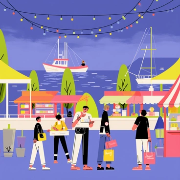 Bristol's harbourside features a vibrant evening market scene with colorful stalls displaying various goods. Twinkling lights hang above the market, creating a warm ambiance. The water reflects the lights, adding a shimmering effect to the scene. People are seen browsing the stalls, some holding bags of purchases, while others enjoy food from nearby vendors. A few boats are moored in the background, gently bobbing in the water. The sky transitions from blue to deep purple as dusk settles in.