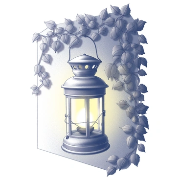 A vintage lantern is suspended from an ivy-covered wall. The lantern has intricate metalwork and a glass enclosure, revealing the light source within. The surrounding ivy is lush, with tendrils climbing and wrapping around the structure, creating a textured background. The warm glow from the lantern illuminates the nearby ivy leaves, casting gentle shadows on the wall. The scene conveys a sense of charm and antiquity, inviting the viewer to explore the details of the lantern and its natural surroundings.