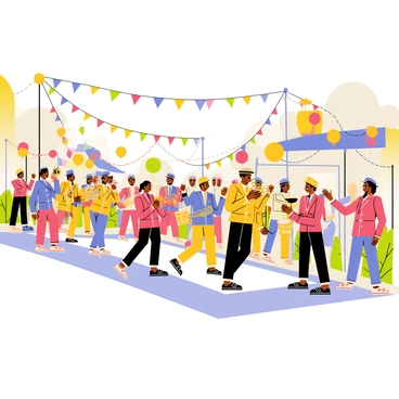 A lively street parade featuring a vibrant marching band. The band members are dressed in colorful uniforms with shiny brass instruments. The trumpet players are raising their instruments, while the drummers are energetically beating their drums. Excited spectators line the streets, waving and dancing along to the jazz rhythms. Colorful banners and balloons are floating above the crowd, adding to the festive atmosphere. A variety of floats decorated with flowers and streamers follow the band, showcasing different themes and characters.