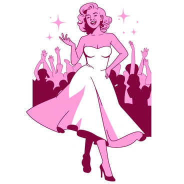 A pink Marilyn Monroe is striking her iconic pose with a playful smile. She is wearing a flowing white dress that billows around her as she stands, one leg slightly bent, accentuating her figure. Her hair is styled in soft waves, framing her face beautifully. In the background, there are subtle outlines of cheering fans, adding to the lively atmosphere. Light sparkles around her, highlighting her confident expression and captivating presence.