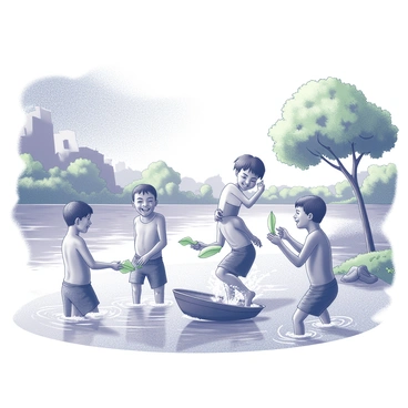 A group of children is playing joyfully in a clean section of the Ganges River. They are splashing water and laughing, with some of them holding small boats made from leaves. In the background, a stark contrast is visible with a polluted area of the river, where the water appears murky and littered with debris. The children are surrounded by green trees and riverbank vegetation, creating a natural frame around their play. The scene captures the innocence and joy of childhood against the backdrop of environmental issues.