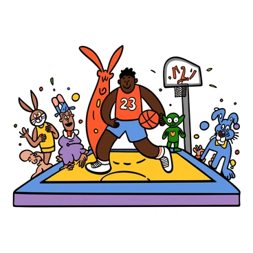 A light-skinned man with a muscular build and short black hair, wearing a red basketball jersey with the number 23 and blue shorts, is dribbling a basketball on a vibrant court. Surrounding him are various cartoon characters from "Space Jam," including a tall, orange Looney Tunes character with big ears and a cheerful smile, a small, green alien character with large eyes, and a blue anthropomorphic dog wearing a basketball jersey. The scene captures the excitement of the game, with some characters cheering and others preparing to make a move. Bright colors fill the environment, highlighting the playful atmosphere.