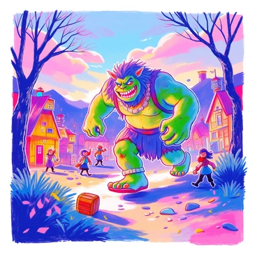 A large ogre with green skin and imposing stature is stomping through a small human village. The ogre has wild hair and sharp teeth that are visible in a wide grin. Villagers can be seen in the background, looking frightened as they run away from the ogre. The village consists of rustic wooden houses with thatched roofs, and some are adorned with small lanterns that cast a warm glow in the fading light. The sky is painted in shades of purple and orange, indicating dusk. There are scattered objects on the ground, such as overturned barrels and knocked-over crates, showing signs of chaos.