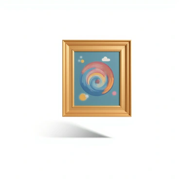 A rectangular picture frame, made of ornate gold material, is suspended in mid-air. The frame is empty on the outside but contains a vibrant, surreal artwork inside. The artwork features a swirling mix of bright colors, including deep blues, fiery reds, and sunny yellows. Abstract shapes and forms dance across the canvas, creating a sense of movement and energy. The frame casts a subtle shadow on a smooth, white background, emphasizing its position in space.