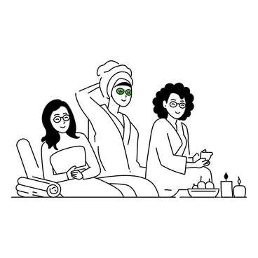 A group of three friends is sitting comfortably in a serene spa setting. Each friend is wearing a facial mask, and they have cucumber slices placed over their eyes. One friend has long wavy hair and is leaning back with a towel wrapped around her head, while another friend has short hair and is smiling with a fluffy robe on. The third friend has curly hair and is holding a small bowl of spa products in her lap. The atmosphere is peaceful, with soft towels and candles arranged around them.