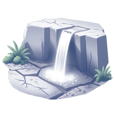 A waterfall flows gracefully from a rocky cliff, cascading down into an empty riverbed. The water glistens as it catches the light, creating a shimmering effect. The riverbed is cracked and dry, with patches of parched earth visible. Surrounding the waterfall are lush green plants, providing a stark contrast to the barren landscape below. The scene captures the juxtaposition between the vibrant flow of water and the desolate riverbed below.